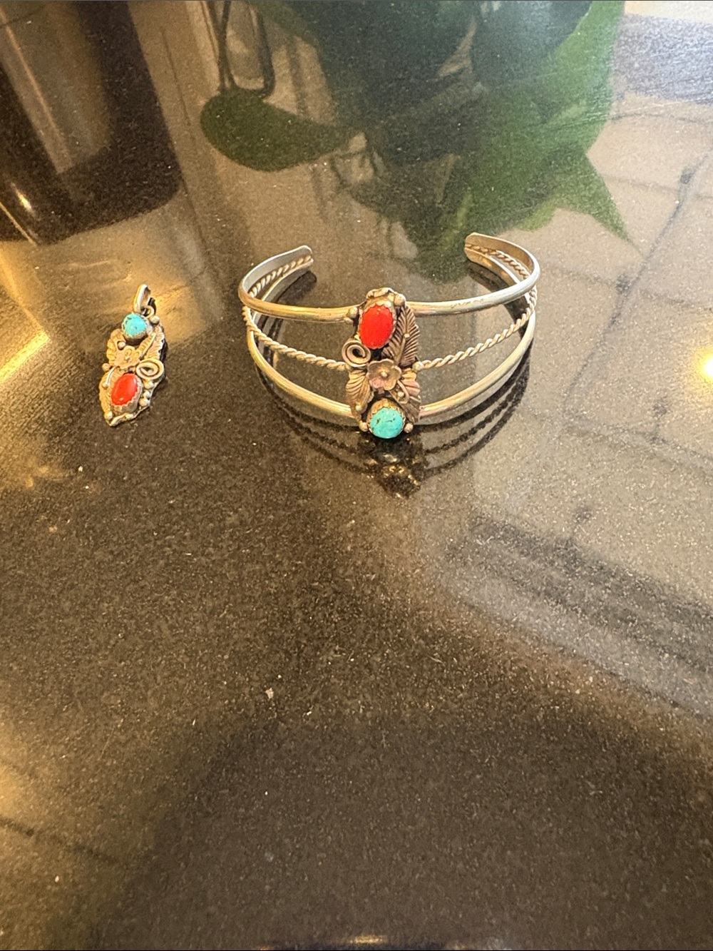 Sterling-Inspired Turquoise & Coral Triple-Row Cuff Bracelet and Pendant - Picture 3 of 7
